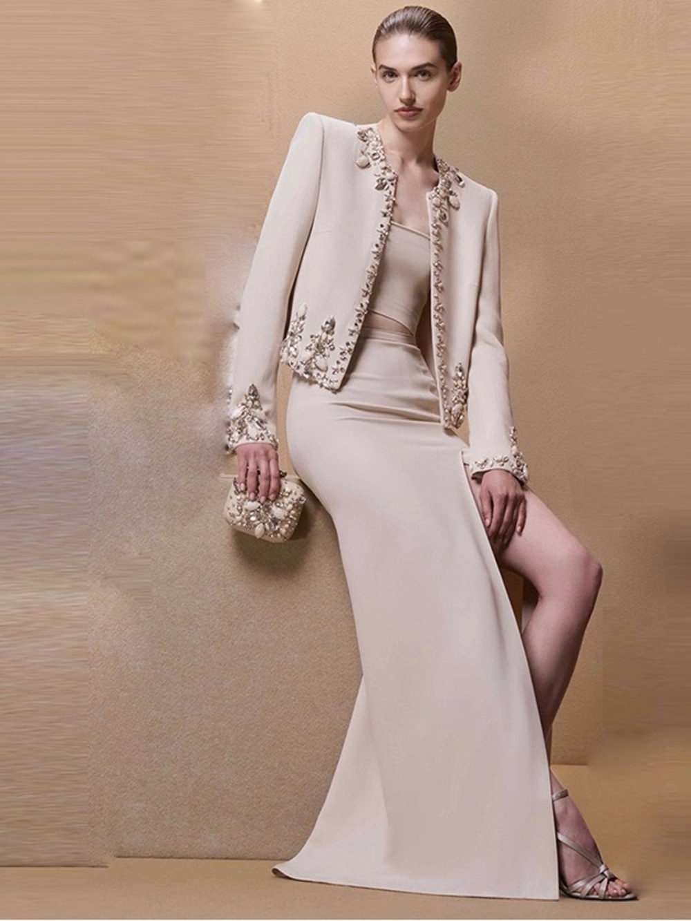 Fashion Heavy Beaded Cardigan Jacket and Slit Skirt Two-Piece Set